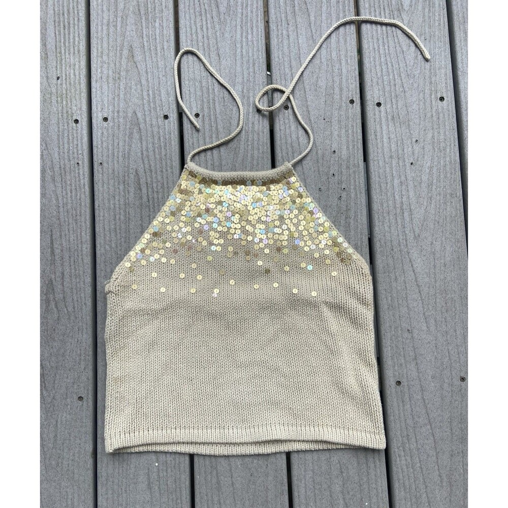The Limited Womens Large Sequin Crop Halter Top Beige Gold Knit Y2K Party